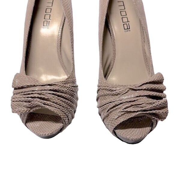 Moda Spana Snakeskin Heels Texture Gathered Fabric Top Peep Toe Rubber Size 9.5 - Picture 3 of 13